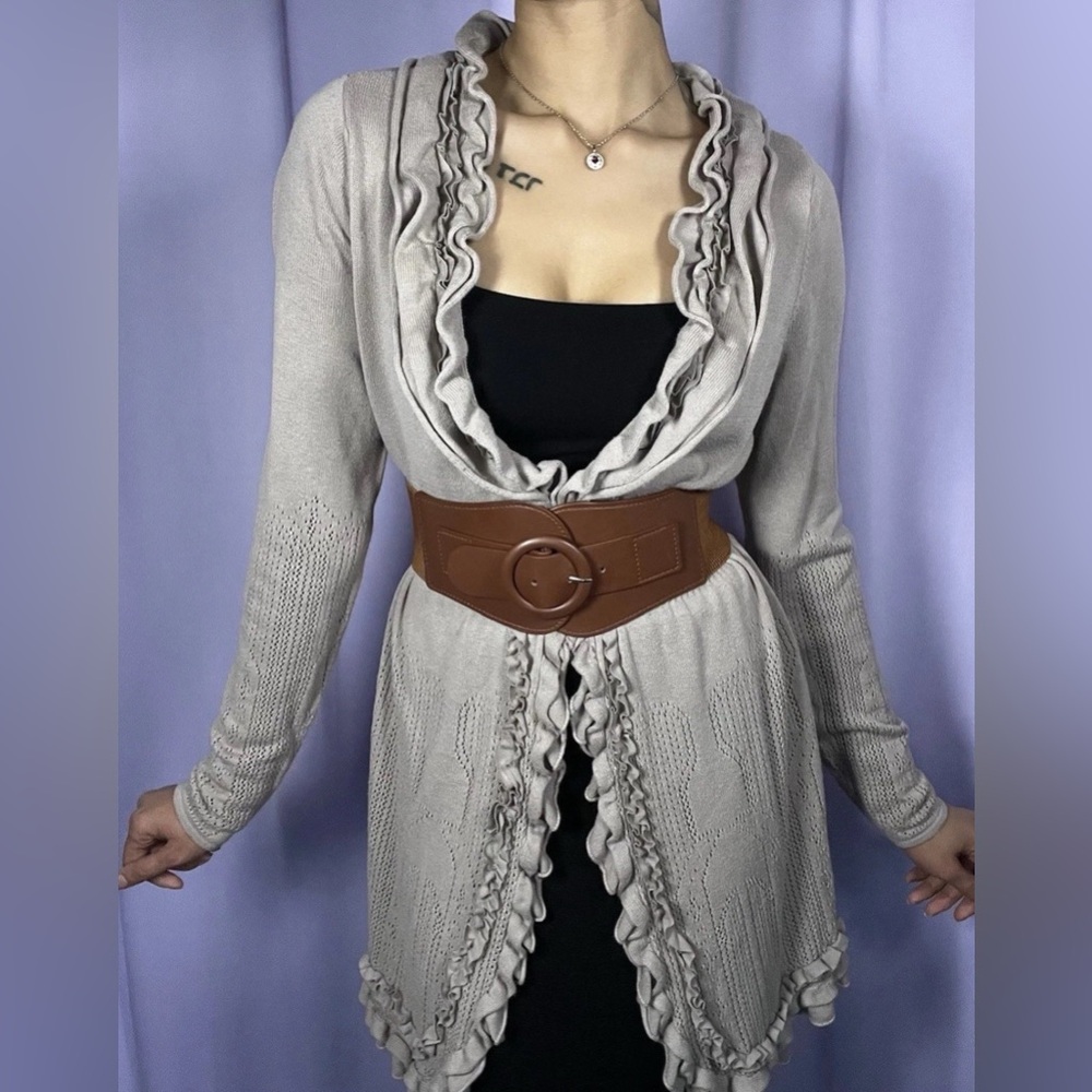 Anthropologie Guinevere Cotton Knitted Ruffle Cardigan Size M Tan Fairycore Boho